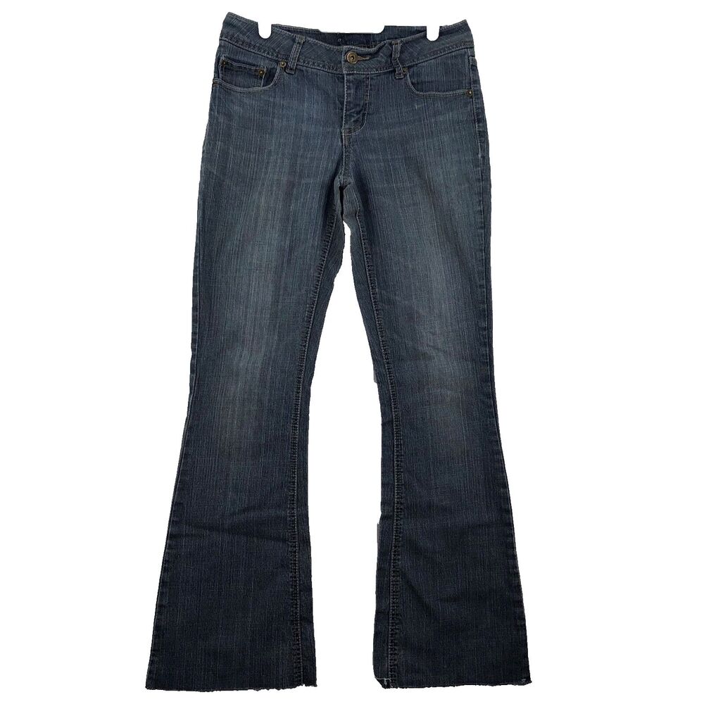 Chico's Jeans Womens Size 7 Blue SO Slimming  Flare Distressed Stretch Denim